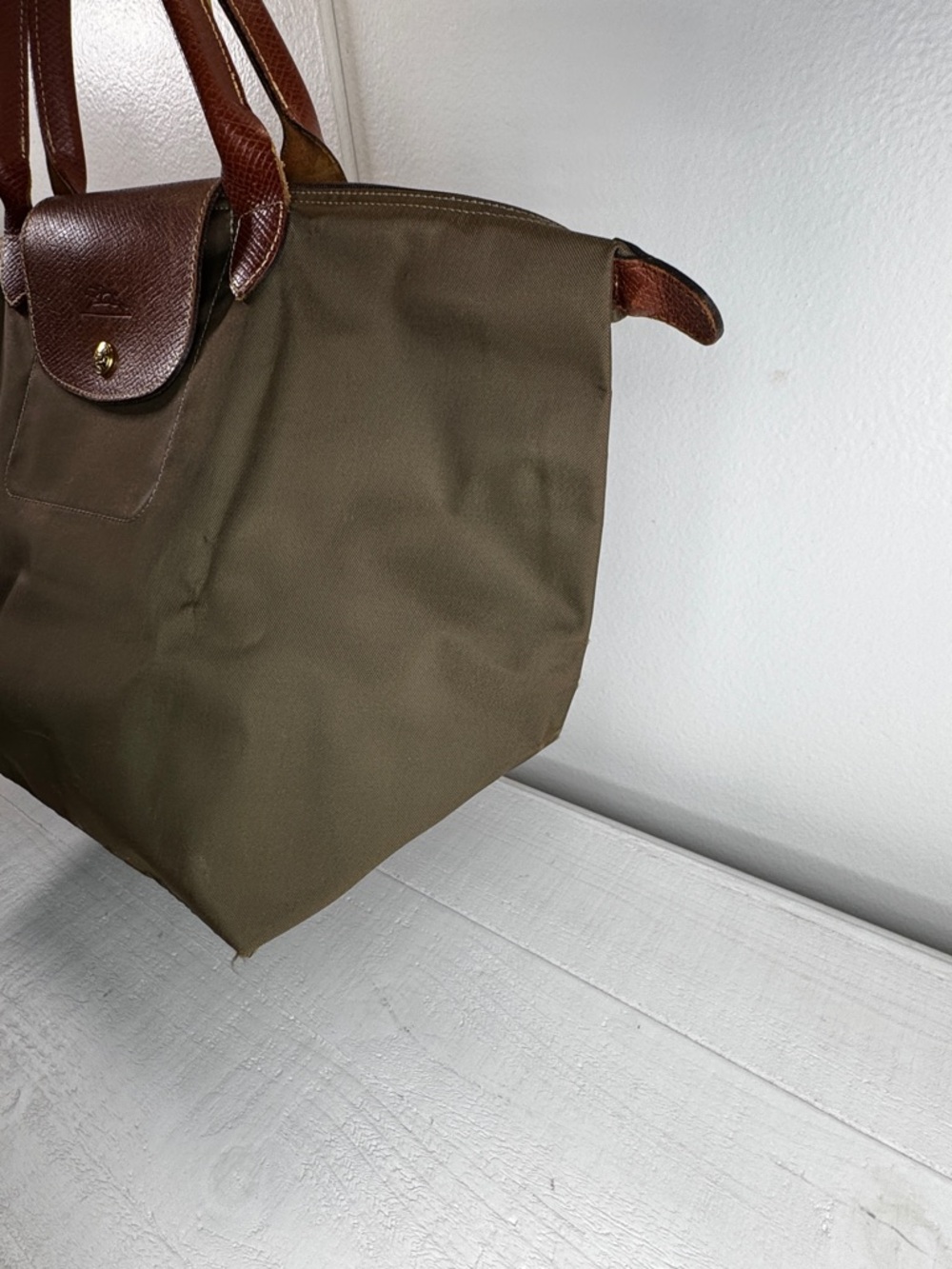 Longchamp Le Pliage Large Tote Olive Green Nylon Brown Leather Authentic - Picture 3 of 15